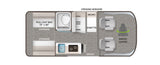 RV rental floor plan: Compact layout features pull-out bed, shower, dinette, kitchen, and swivel front seats.