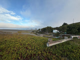 RV rental trailers at a coastal campsite near a beach with ocean fog. Lush green foreground plants and wooden fence.