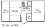 Compact RV rental floor plan: "J" Series 705, detailing beds, dinette, kitchen, and ice box layout.