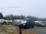 Misty RV campground: a dark blue camper van parked among trailers with a forest backdrop & birds flying. Ideal RV rental trip.