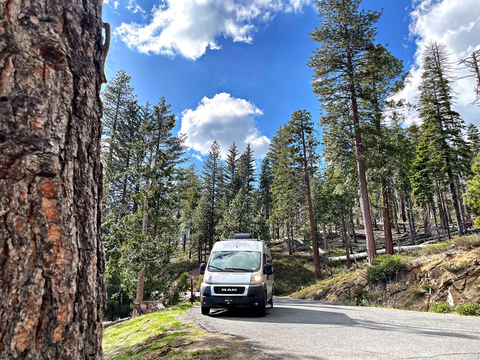 White RV rental on a winding mountain road, surrounded by tall pine trees & bright blue sky.