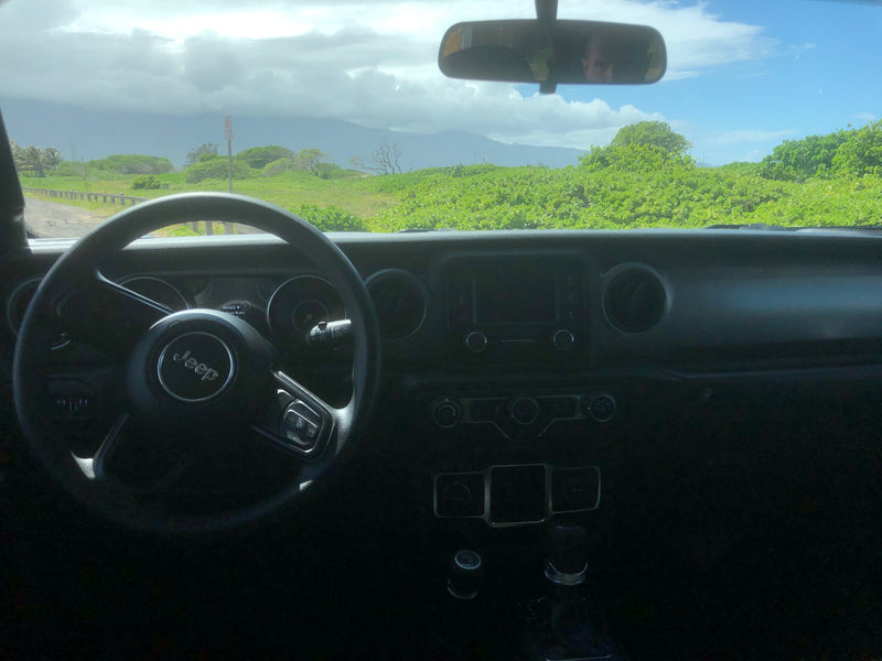 Jeep interior showing steering wheel & dash. Scenic outside view: green landscape, road, mountains. Ideal for an rv rental adventure. — photo 9