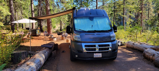 RV rental camper van at a cozy forest campsite. Awning, chairs, fire pit, and a dog complete this peaceful outdoor scene.
