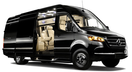 Luxurious black Mercedes-Benz Sprinter RV rental van, side door open to show premium cream interior.
