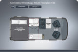 Mercedes Winnebago Revel 44E camper van RV rental floorplan. Features bed, kitchen, bath, table, & seats for 4. Sleeps 3.