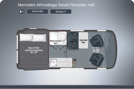 Mercedes Winnebago Revel 44E camper van RV rental floorplan. Features bed, kitchen, bath, table, & seats for 4. Sleeps 3.
