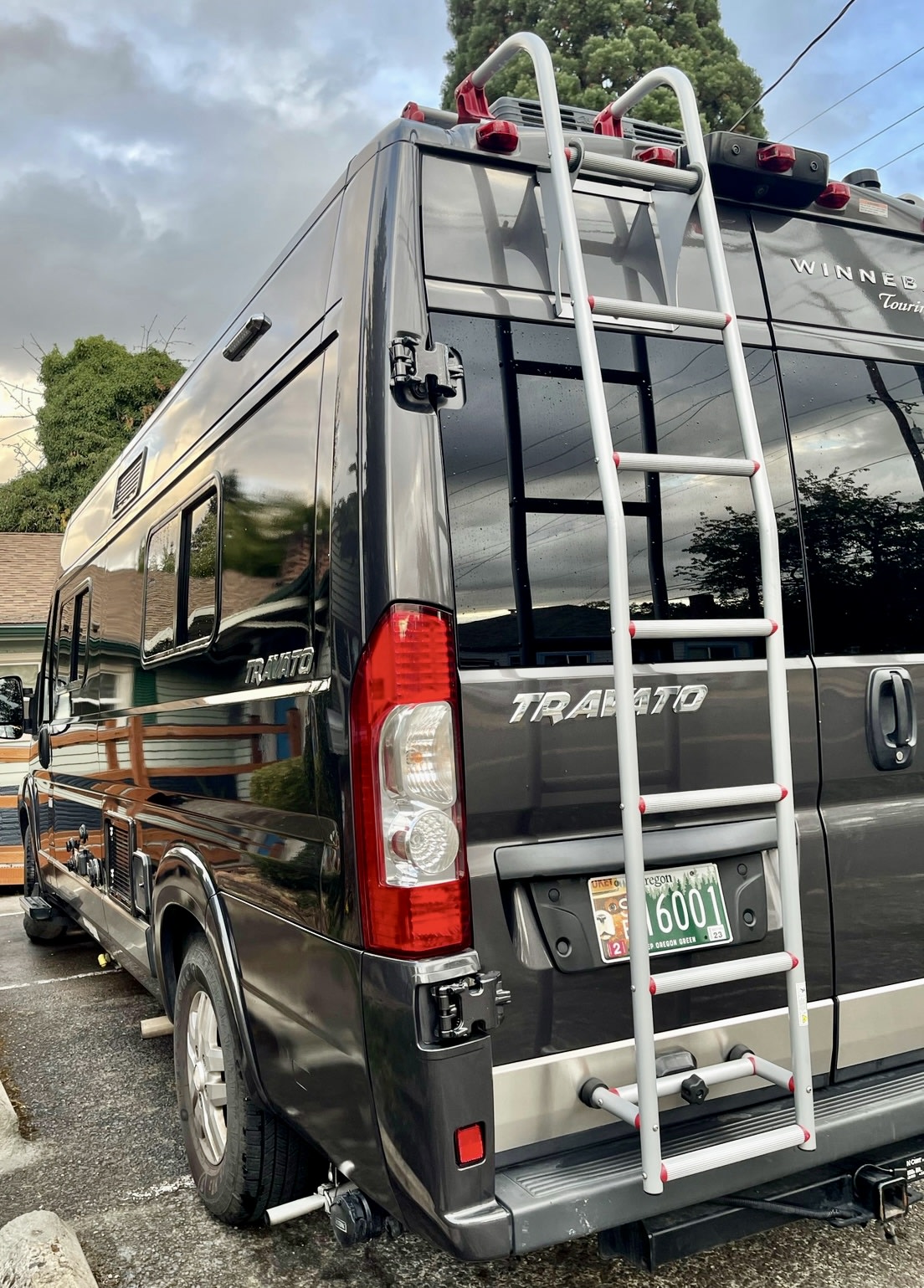 Grey Winnebago Travato rv rental, rear view with ladder & roof rack. Perfect for your next travel adventure.