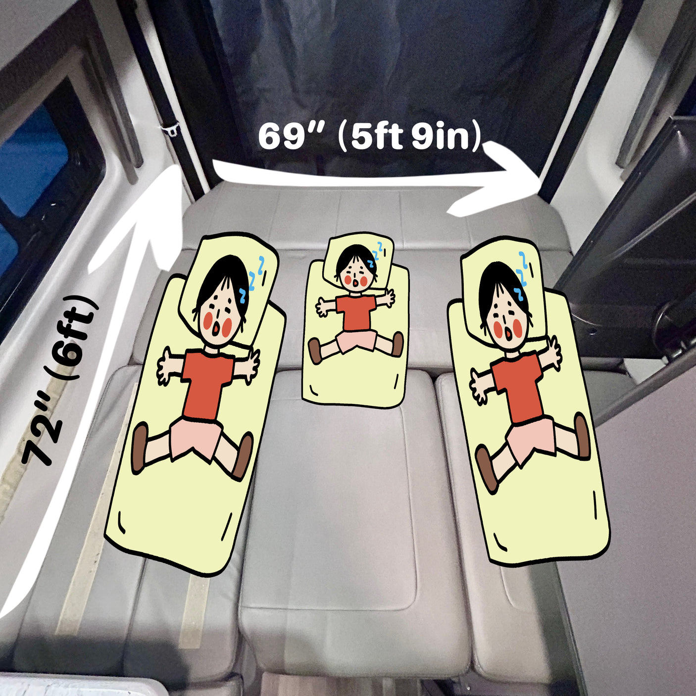 Spacious RV rental sleeping area: A 72"x69" bed (6ft x 5ft 9in) comfortably fits three cartoon people.