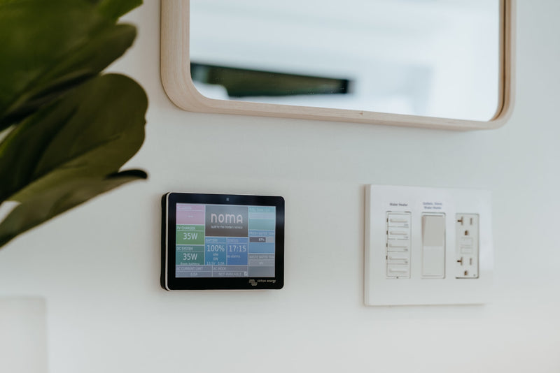 RV rental digital control panel displays energy, battery, and tank levels next to water heater switches. — photo 15