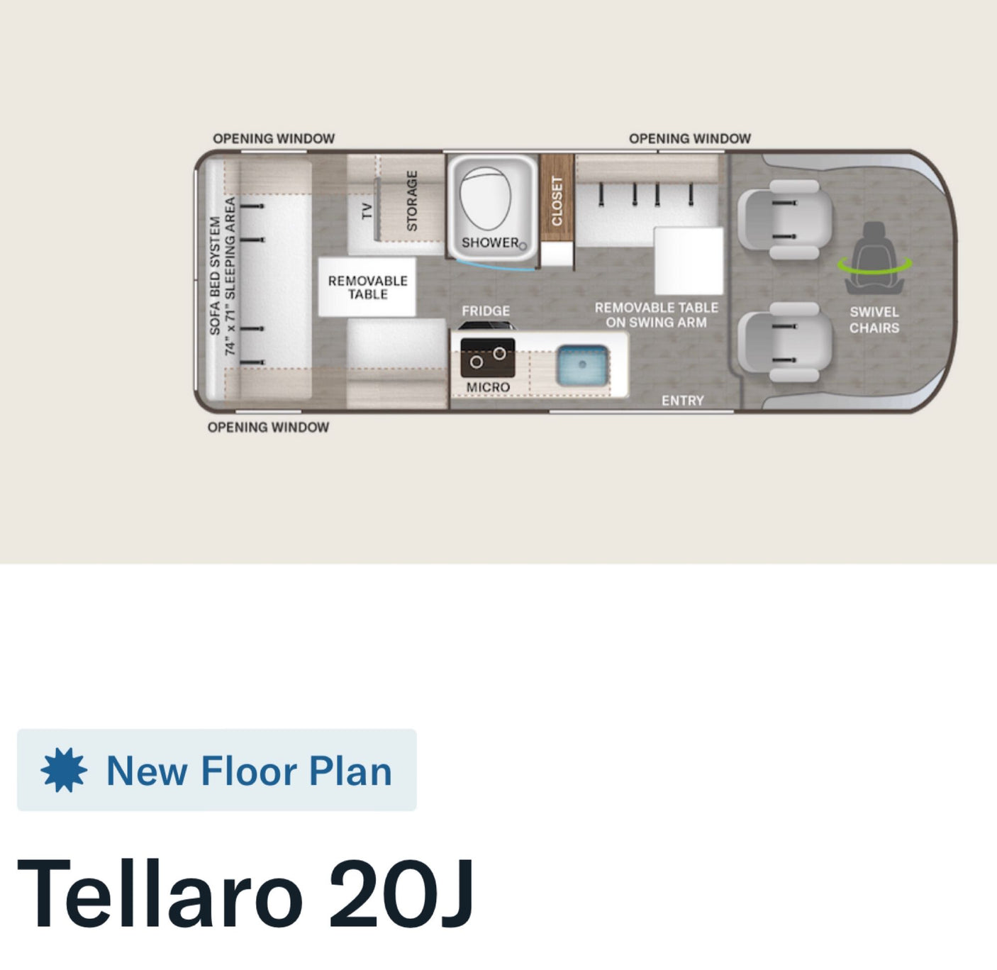 New Tellaro 20J RV rental floor plan: sofa bed, kitchen, bath, and swivel chairs for a comfortable journey.