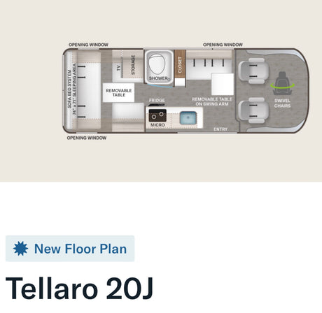 New Tellaro 20J RV rental floor plan: sofa bed, kitchen, bath, and swivel chairs for a comfortable journey.