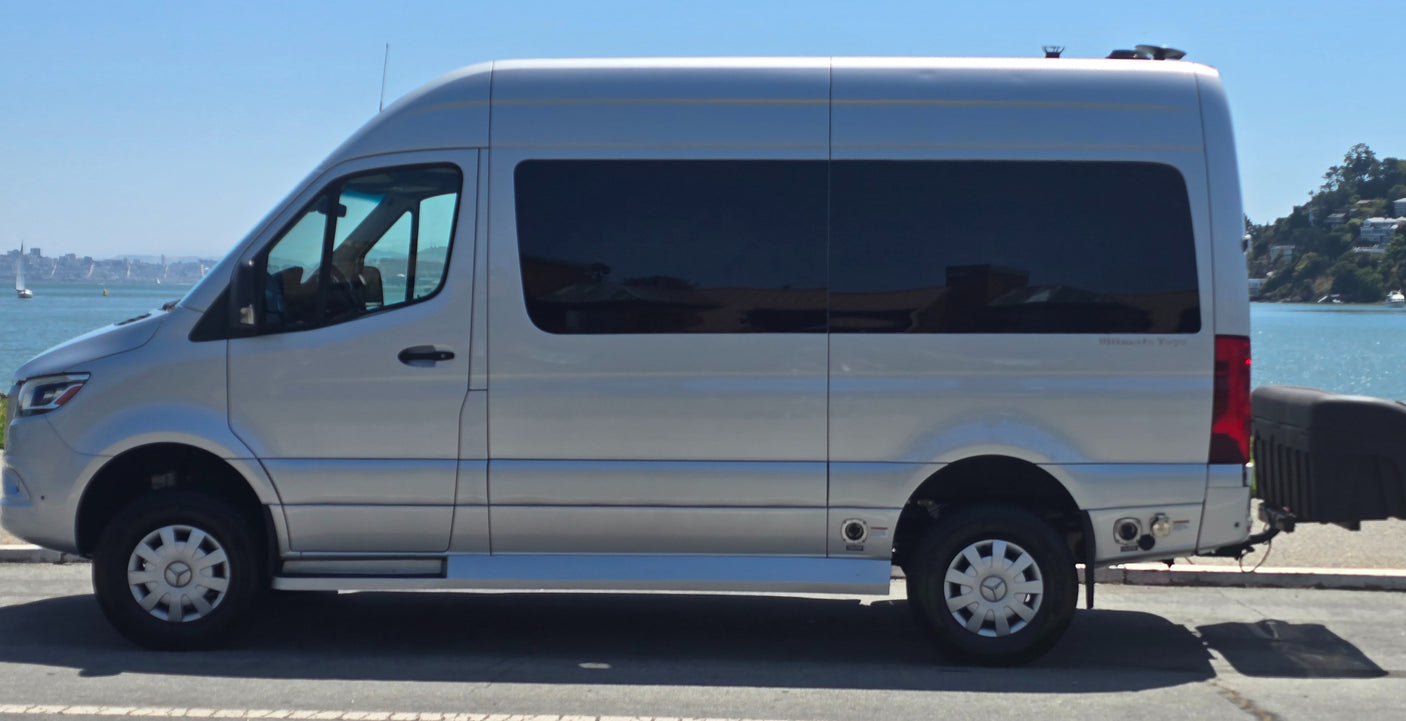 A silver Mercedes Sprinter RV rental camper van parked by the bay with San Francisco's skyline in the background.