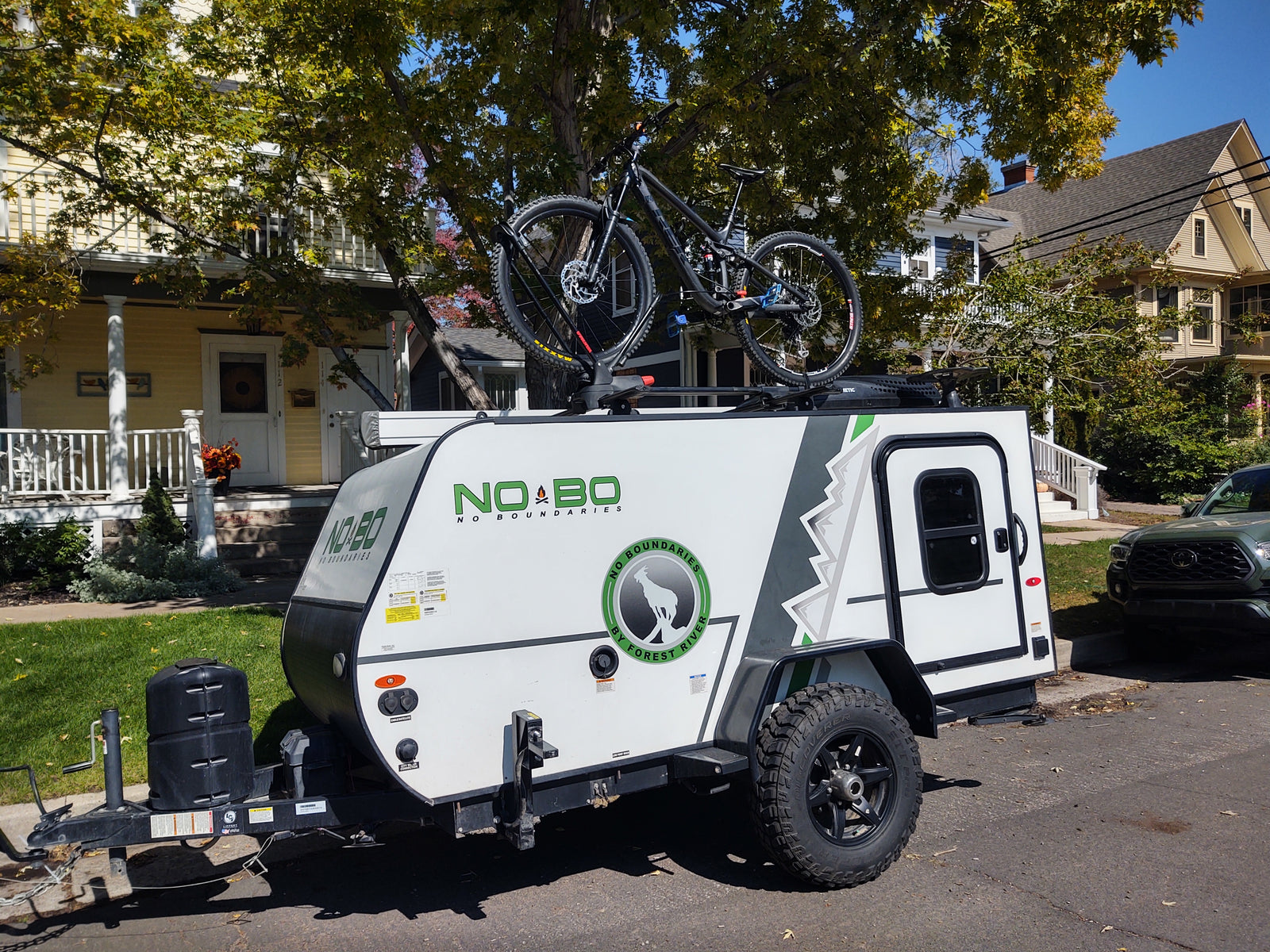 This RV rental, a No Boundaries trailer, is equipped with a mountain bike for your next outdoor adventure.