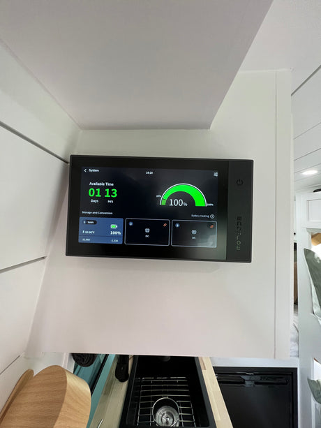 In an rv rental, an EcoFlow power monitor displays 100% battery (5kWh) with 1 day, 13 hours of available runtime, at 69.8°F.