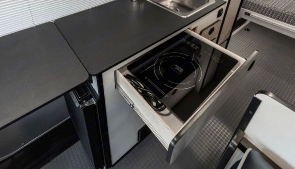  looking out back doors onto a paved area.|Smart RV rental kitchen design: A pull-out drawer reveals a portable induction cooktop next to the sink and fridge.|RV rental camper van parked among towering redwoods. Awning out — photo 10