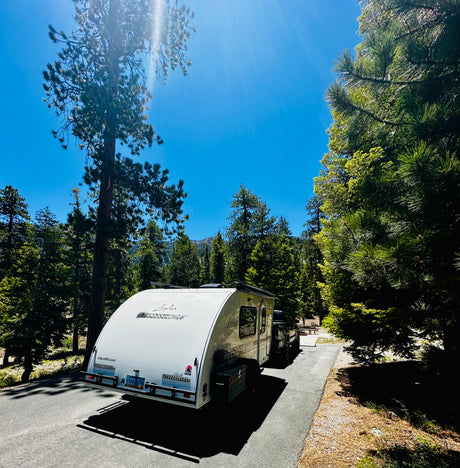 Sunny RV rental journey: a white teardrop trailer and truck are parked in a forest with bright sun and blue sky.