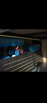 RV rental's organized electrical system: Victron Smart BMS, distributor, and lithium batteries for reliable power.