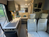 Inside a modern RV rental: well-equipped kitchen, comfortable seating, and tech controls for on-the-go living.