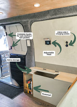 Explore this RV rental's clever interior: foldable hooks, USB charging, adjustable heat, ample storage, and a handy bookshelf.