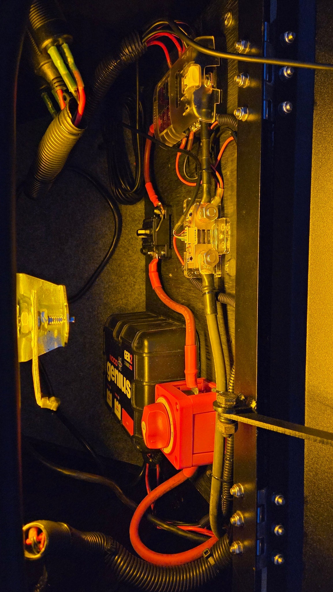 RV rental auxiliary power system: NOCO Genius charger, battery disconnect switch, and neatly wired fuses are visible. — photo 9