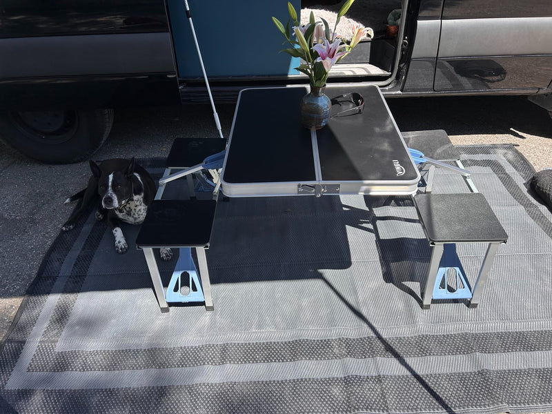  suggesting unique adventures.|A black and white dog relaxes next to an RV rental — photo 3