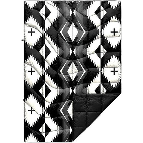 Black & white geometric blanket with plus-sign attachment points. Perfect comfort gear for your RV rental adventures!