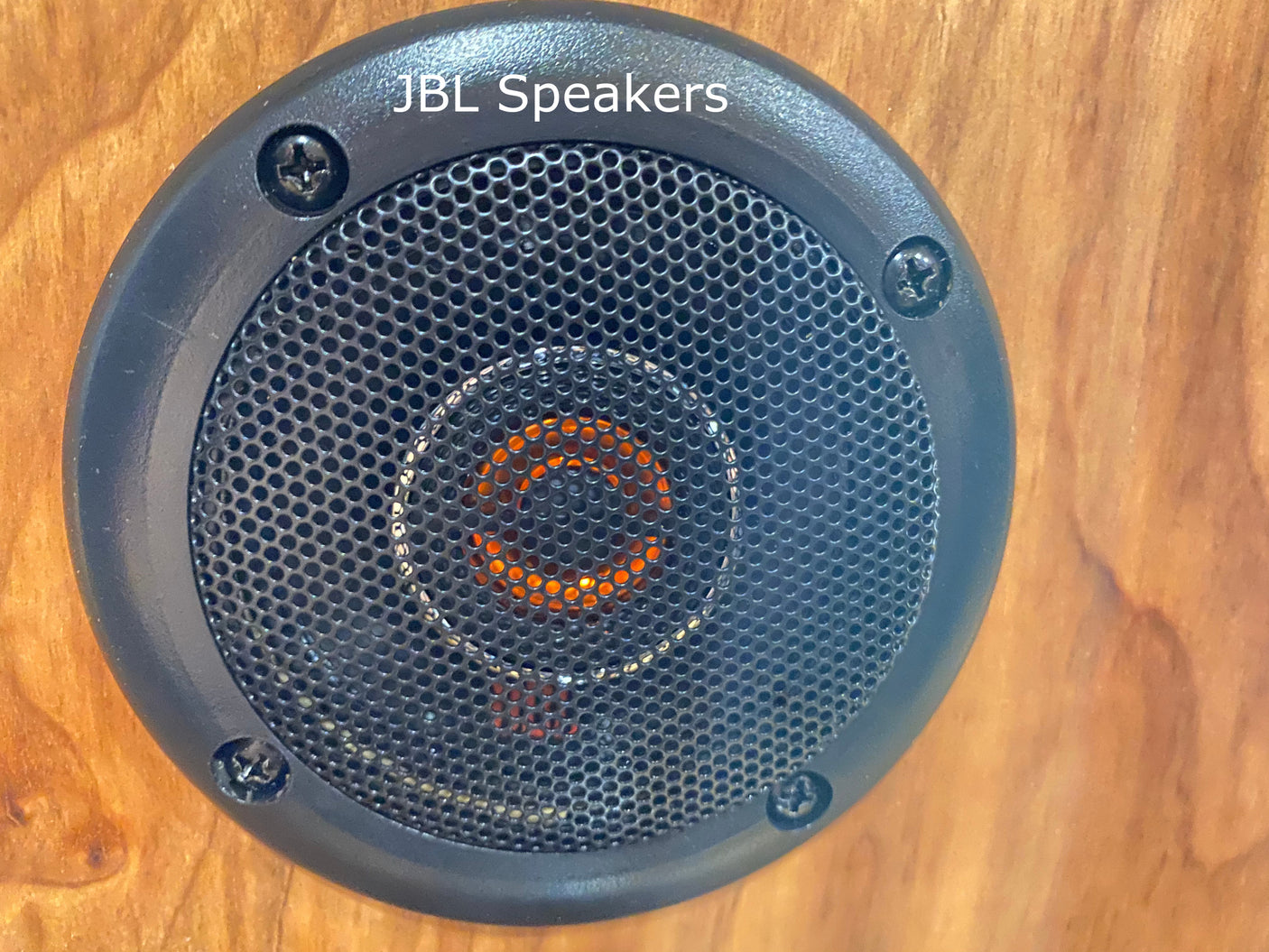 JBL speaker featuring an orange cone behind a mesh grill. Enhance your RV rental experience with quality audio and sound.