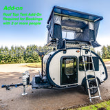 This RV rental teardrop trailer features a rooftop tent add-on and ladder, offering extra sleeping for 3+ people on your camping trip.
