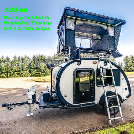 This RV rental teardrop trailer features a rooftop tent add-on and ladder, offering extra sleeping for 3+ people on your camping trip.