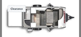 RV rental: Overhead floor plan of a travel trailer, showing interior kitchen, dining, and convertible sleeping areas.