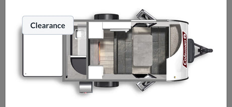 RV rental: Overhead floor plan of a travel trailer, showing interior kitchen, dining, and convertible sleeping areas.