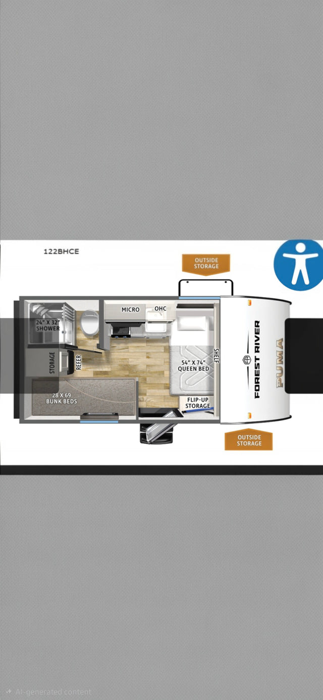  sits on grass under a clear blue sky.|This Puma 122BHCE travel trailer floor plan shows an RV rental layout with queen and bunk beds