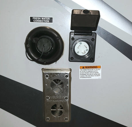 RV rental exterior connections: fresh water, 30-amp electrical power inlet, and a Suburban furnace vent.