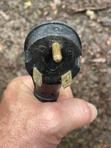 RV rental essential: A 30-amp electrical plug (two flat, one round prong) for campsite power, held in hand.