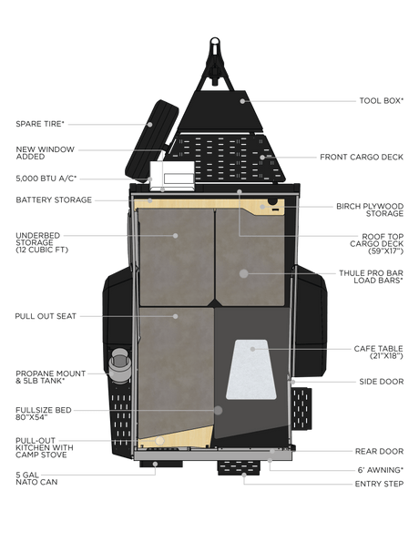 Explore this RV rental's detailed interior and exterior layout, featuring a full-size bed, pull-out kitchen, and ample storage.
