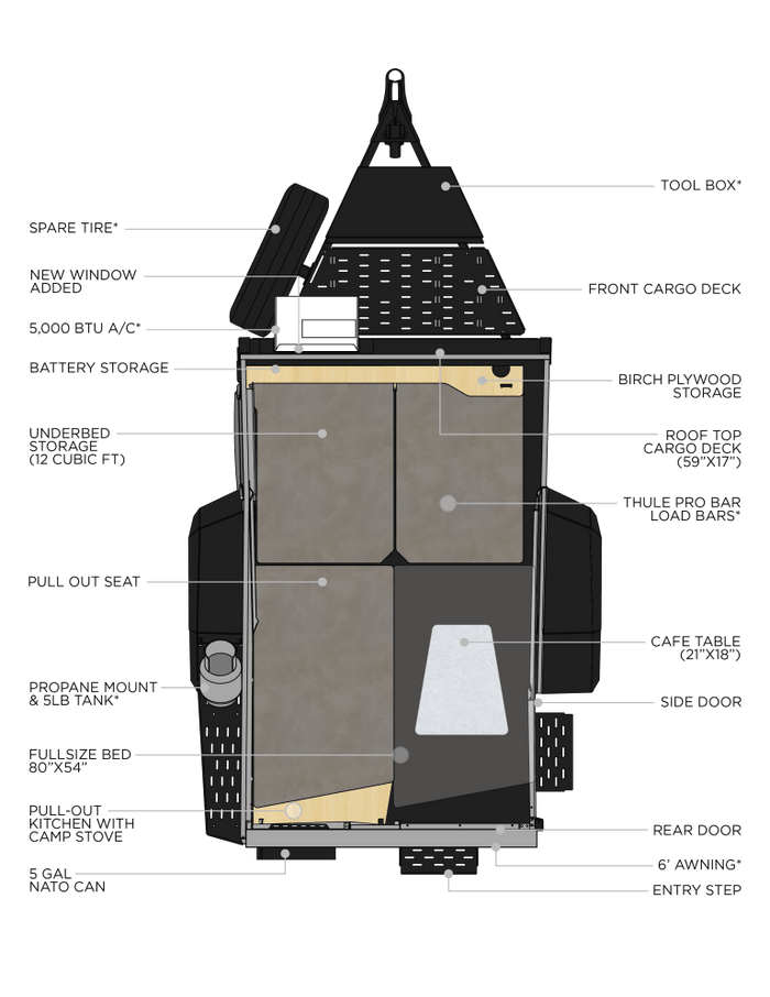 Explore this RV rental's detailed interior and exterior layout, featuring a full-size bed, pull-out kitchen, and ample storage.