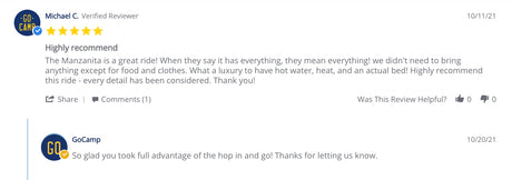 Positive customer review for an RV rental highlighting amenities, followed by a responsive reply from GoCamp.
