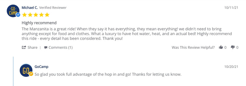  detailing a superb van camping adventure.|Kyle Y.'s glowing customer review for a GoCamp RV rental — photo 12