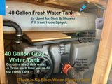 RV rental: 40-gal fresh water for sink/shower (fill from spigot), 40-gal gray water (drain when refilling fresh). No black tank.