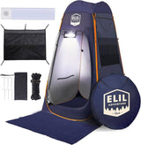 Portable outdoor privacy tent, ideal for RV rental trips. Features light, ground mat, and camping gear for changing/shower.