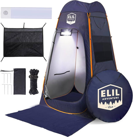 Portable outdoor privacy tent, ideal for RV rental trips. Features light, ground mat, and camping gear for changing/shower.