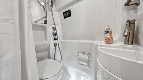 Inside a compact RV rental bathroom, showing the integrated shower, toilet, and sink.