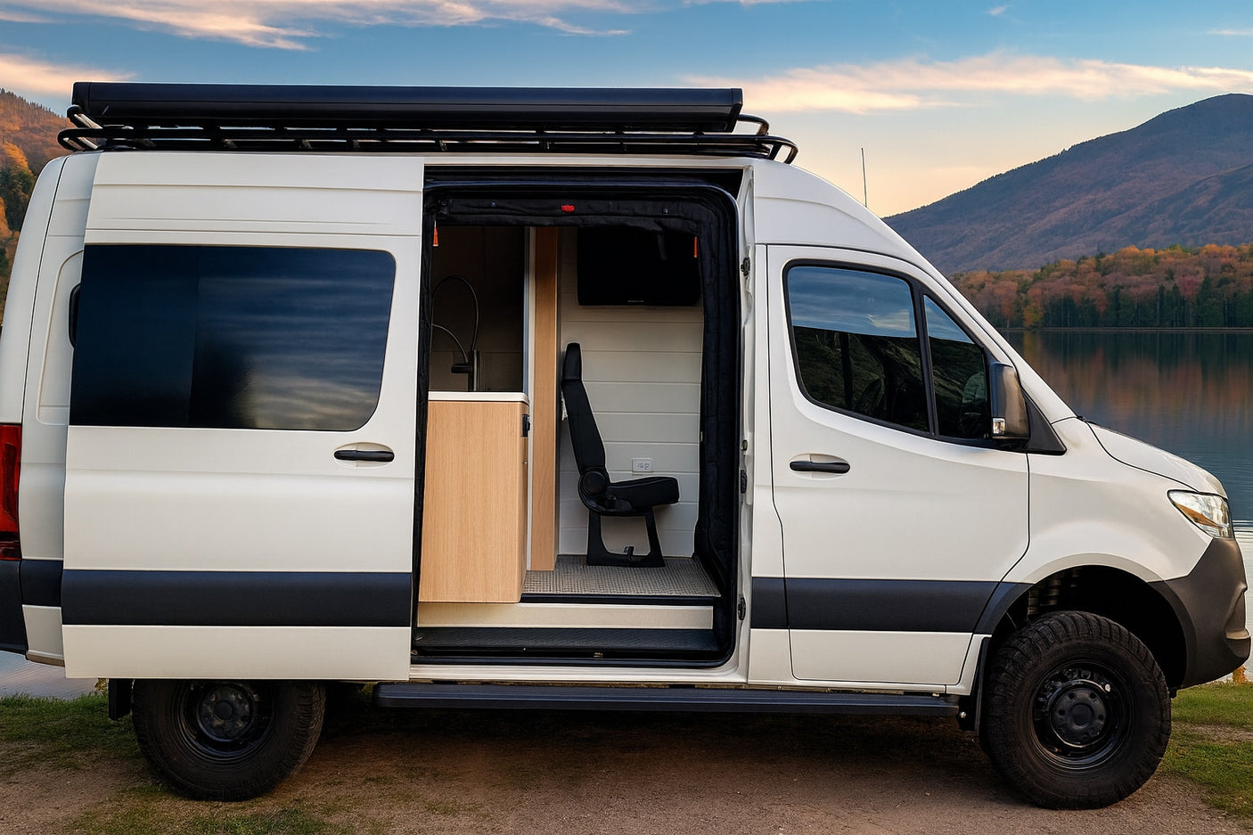 This white camper van rv rental, with open door revealing its minimalist interior, is parked by a scenic autumn lake.