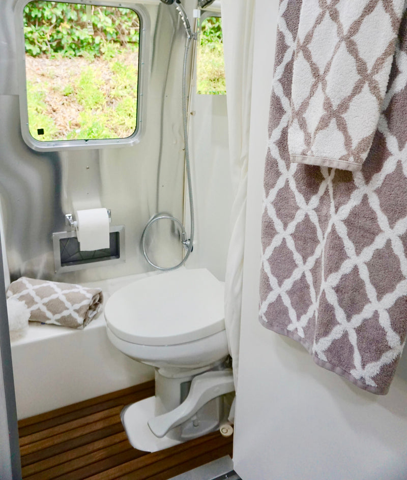 Modern Airstream RV rental bathroom features a toilet, shower, sleek aluminum walls, wood floor, and patterned towels. — photo 19
