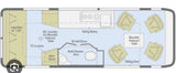 This RV rental floor plan details the layout: sofa/bed, kitchen, bath, and flexible seating areas.