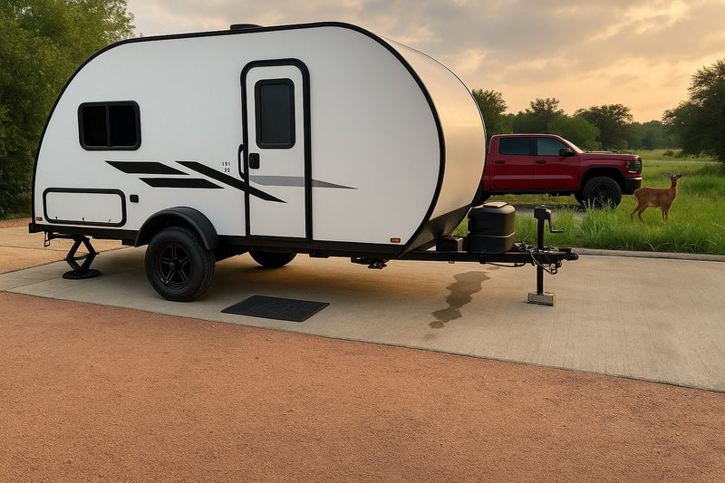 A white teardrop RV rental is parked on concrete, with a red truck and a deer visible in the grassy background. — photo 15