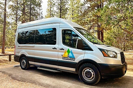 Silver Ford Transit campervan RV rental by Wandervans parked in a sunny forest, ready for an outdoor adventure.
