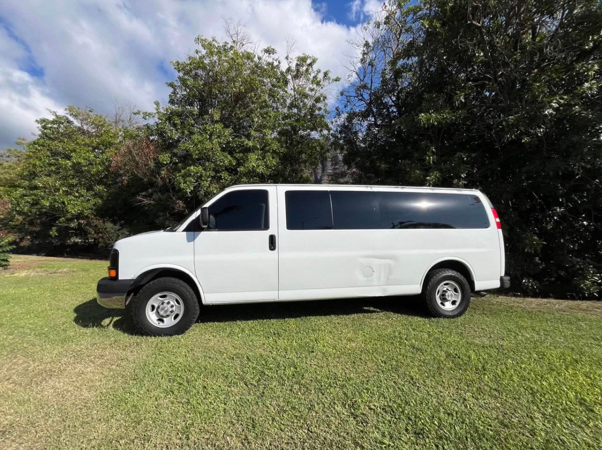 White passenger van, parked on grass, ideal for rv rental or conversion projects. Sunny day with clouds. — photo 5