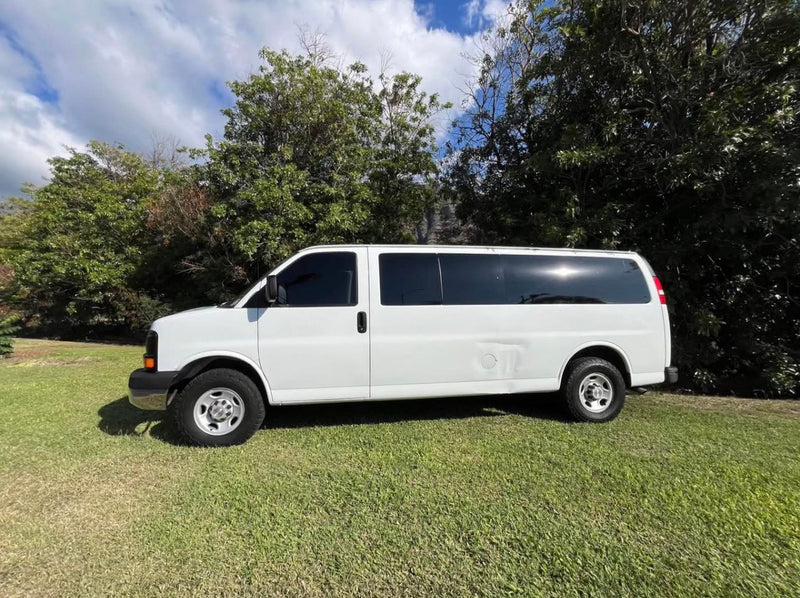 White passenger van, parked on grass, ideal for rv rental or conversion projects. Sunny day with clouds. — photo 5