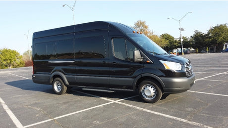 Discover this spacious black Ford Transit high-roof van, a perfect choice for your next RV rental.